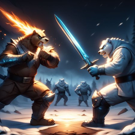 score_9,score_8_up,score_7_up,score_6_up,
(anthropomorphic angry giant grizzled firemode elemental grizzly bear wielding flaming sword,  fur made of fire:1.3), (anthropomorphic rugged huge watermode ice elemental polar bear wielding ice sword, casting ice spell, fur made of ice:1.3), (fighting each other, 1vs1, sword duel, d:1.6), snowing, trees, log cabin, bears fighting in background, canadian wilderness, blood
 (ultra realistic, 32k, masterpiece:1.2), (high detailed skin:1.1), (high quality:1.1), elementalfusion, bokeh, luminescent background,