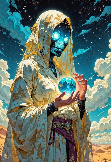 (in Otomo Katsuhiro style:1.2), masterpiece, high-quality, An oracle whose face is obscured by a delicate veil embroidered with constellations, her eyes glowing faintly beneath, She holds a crystal sphere showing a reflection of her inner self revealing abstract shapes of nature technology and myth, She stands in an endless desert under a sky filled with shifting constellations and cosmic clouds, cosmic veil, inner vision, celestial desert, Stylized anime-fantasy with soft otherworldly light and intricate fabric details, (elaborate fine details:1.1), (hyperdetailed:1.1), (intricate details:1.0), (Refined details:1.1), (best quality:1.1), (high resolution:1.2), <lora:FLUX\Anime v1.3:0.6> <lora:FLUX\VividlyReal:0.6> <lora:FLUX\FLUX-daubrez-DB4RZ:0.4>