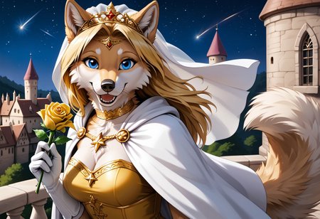 anthro, female wolf, artic wolf, voluptuous figure, tufted fur, tufted ears, cheast tuft, fluffy canine tail, detailed fur, long blonde hair, golden and white fur, blue eyes, whiskers, canine teeth, medieval castle, balcony, happy look, solo, night, shooting star, stars, golden royal dress, white cape, medium breasts, golden circlet, golden belt, white gloves, white veil, golden choker, close-up, holding yellow rose,