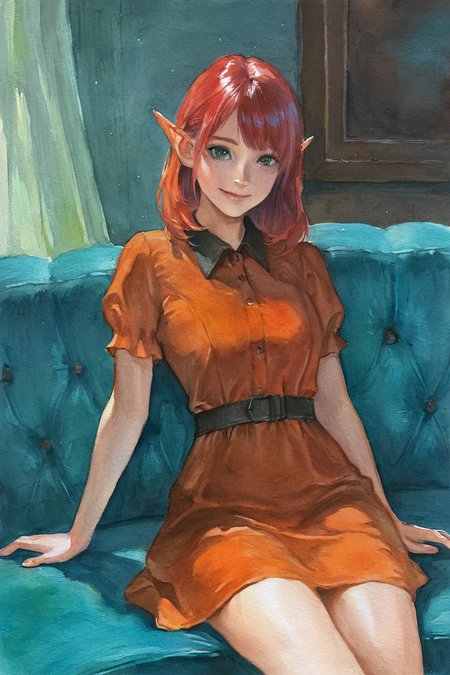 masterpiece, best quality, highres, newest, traditional media, realistic, watercolor \(medium\), elf, pointy ears, red hair, medium hair, green eyes, orange dress, collared dress, medium dress, short sleeves, smile, 1girl, solo, looking at viewer, cowboy shot, sitting, on couch, blue couch, indoors, living room <lora:Turquoise [LoRA] - NoobAI-XL EPS 1.0:0.8>