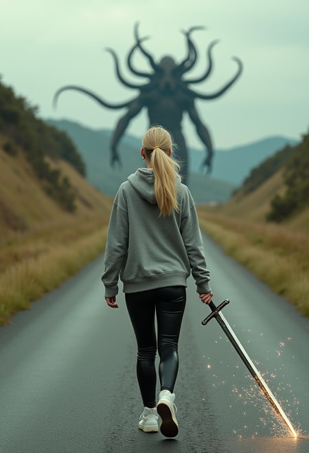 2000s photograph, wide angle shot of a street between grassy hills, rear view of a blonde woman walking away wearing white sneakers and dragging a medieval longsword along the ground, sparking. She's wearing a baggy hoodie and leather pants. She has a ponytail, a giant tentacled Cthulhu monster is on horizon.