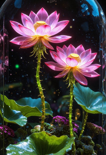 Ultra-realistic 8K resolution, Octane render, Unreal Engine 5 masterpiece, dark academia aesthetic, enchanted glass terrarium containing: two Sacred Lotus with translucent pink gemstone petals (vitreous refraction), metallic green stems (bioluminescent vascular system), bright yellow and green core, fractured amber glass veins pulsing with trapped starlight, quantum foam escaping through dimensional cracks, non-Euclidean spacetime geometry, vantablack void background with gravitational lensing distortion, chrono-crystalline lattice framework, volumetric photon mapping event horizon glow, subsurface scattering in petal nanostructures, hyperdetailed microbiology under gemstone epidermis, gothic biodigitalpunk style blending ZdzisÅaw BeksiÅski and Ernst Haeckel, photorealistic macro photography meets celestial cartography,  <lora:flux.1_lora_flyway_Epic-detail_v2:0.4> <lora:flux-photo_v6:0.4> <lora:FluxDFaeTasticDetails:0.4> <lora:42lux-UltimateAtHome-flux-highresfix:0.25>