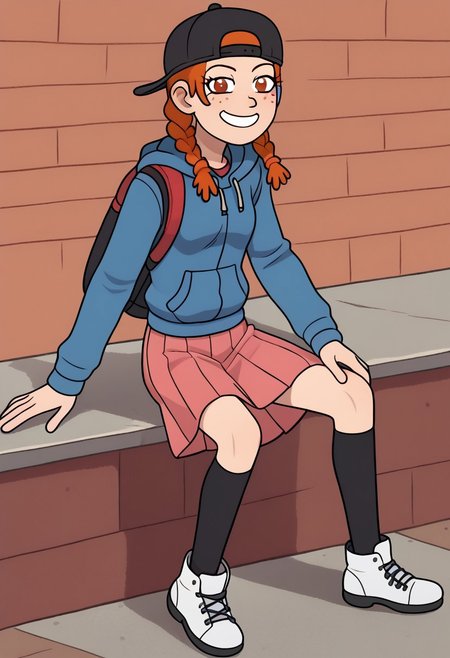 AmphiMaggie, orange hair, braid, twin braids, freckles, 1girl, solo, smile, baseball cap, backwards hat, long sleeves, pink skirt, pleated skirt, blue hoodie, hood down, backpack, black thighhighs, white footwear,