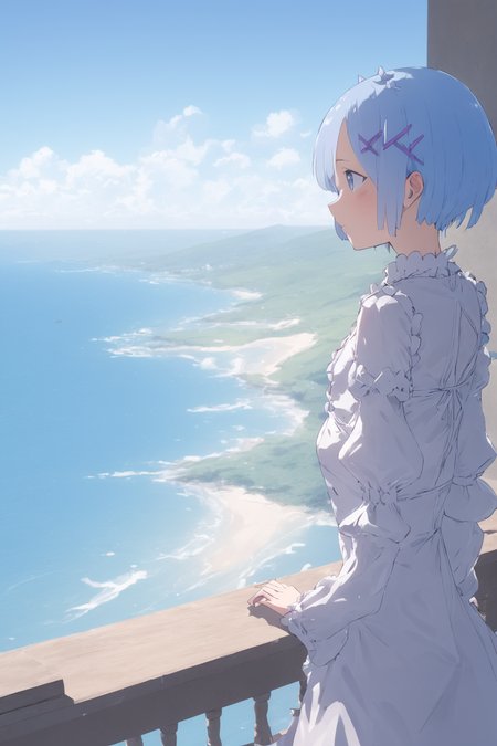 1girl, solo, Rem \(re\:zero\) <lora:rem:0.75>, beautiful scenery, ocean view, maintain view, detailed background, vivid