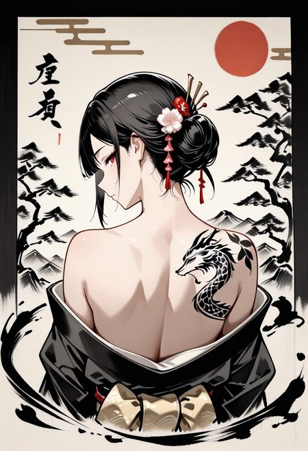 masterpiece,best quality,amazing quality,newest,absurdres,highres, newest,very awa, ,sumi-e ,ink wash painting,
from behind, upper body,
1girl, beautiful face, perfect eyes, detailed eyes,mature female,
black hair,straight hair, blunt bang,updo,
red eyes,looking at viewer, 
dragon tattoo,cherry blossom,tsumami kanzashi, ิblack kimono,kimono pull ,neck focus,
,intricate details, dark background, (painting background:1.4),(red sun),egasumi ,ink stroke, (calligraphy:1.5) ,tree