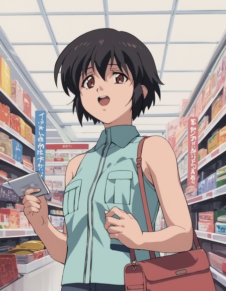 score_9, score_8_up, score_7_up, score_6_up, score_5_up, score_4_up
<lora:noir-2x-ponyxl-000016:1>
yuumura kirika, sleeveless shirt, bare shoulders, breast pocket,
handbag, shopping, indoors, excited