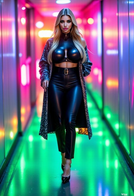 AIDILETTA,green eyes,pointed nose,blonde hair with black roots,huge breasts,athletic body,soft curvy hips,long slender legs. A model strides confidently down a sleek, reflective hallway, exuding elegance and mystery. She wears a striking black bra and high-waisted bottoms that accentuate her silhouette, complemented by a sheer, iridescent coat draped over her shoulders. The coat reflects vibrant neon hues of pink, green, and electric blue, casting a dazzling spectrum of colors across her skin. 
Gianmarco Lorenzi Pumps
On her feet, she wears stiletto heels that add height and poise, each step echoing softly on the glossy floor.
The lighting in the hallway is artfully arranged, with neon fixtures casting a dreamlike glow. Every color bounces off her coat and skin, creating a mesmerizing display of shifting patterns that move with her. Her expression is intense, with slightly parted lips that add allure and depth to her gaze. 
The vibrant colors in the scene, reflected on the polished floor, seem to dance around her, immersing her in an otherworldly, futuristic aura. Reflections of pink and green shimmer on the ground, drawing the viewer’s eye to her every movement. The background is softly blurred, enhancing the focus on her, while distant, defocused lights add an additional layer of depth. This moment captures a perfect fusion of style, confidence, and ethereal light, set against a mesmerizing neon landscape.