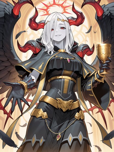 fallen angel, condemned darklord, solo, chalice, 1girl, smile, open hand, looking at viewer, parted lips, white skin, red halo, gold circlet, black gloves, black feathered wings, black dress, black capelet,
masterpiece,best quality,amazing quality,very aesthetic,absurdres,newest,<lora:Condemned Darklord illuXL v1.1:0.75>,