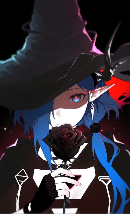 masterpiece, sharp detail, intricate detail, hair shader, detailed hair, 1girl,  <lora:Ermengarde:0.7>, ermengarde \(arknights\), hole in chest, blue hair, blue eyes, red pupils, horns, hair over one eye, witch hat, black gloves, fingerless gloves, jewelry, dark purple flame, glowing eyes, shaded face, looking at viewer, general, lineart:1.2, close-up plant focus, holding rose, (black rose:1.5), iridescent:1.2, chromatic abberation, light particles, black background, (shiny, abstract:0.7), underlighting:1.2, reflection, glowing eye trail,