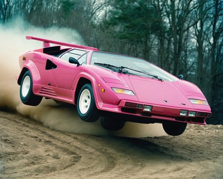 analog film photo car rally magazine photograph of a pink lamborghini countach (((rally car))) jumping, big air time, rally jump, action motion blur dust LP5000 <lora:add-detail-xl:2> <lora:LP5000-SDXL-V1.2:1>, (big offroad lights at the roof:1.2), hella flood lights, searchlights on roof, . faded film, desaturated, 35mm photo, grainy, vignette, vintage, Kodachrome, Lomography, stained, highly detailed, found footage