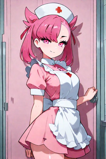 masterpiece, best quality, 1girl, solo, 21 year old model, eyelashes, (beautiful eyes), zzNurseMarnieCitron, pink eyes, hair ribbon, medium hair, pink hair, asymmetrical bangs, ribbon, nurse, pink dress, white apron, nurse cap,  <lora:NurseMarnieIXL:1.0>, upper body, side view, smile, looking at viewer, shiny skin,<lora:LandidzuStyleIXL:1.0>,