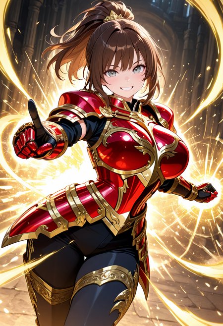 masterpiece,best quality,amazing quality, very aesthetic, ((outlined outlined vector graphics)), cute face, (glow eyes:0.5) ,  from front,  looking at viewer ,detailed background,
1girl,
20yo, brown hair, gray eyes, (large breast:1), (ponytail:1.1), medium hair,(curvy:1.1),bangs,
,solo,cute face,
smile, grin   ,  red armor, golden-mythril-armor ,  , glowing, glittering , fantasy, glimmering , pants , action pose, clothed <lora:golden-mythril-armor-il-01:0.8>