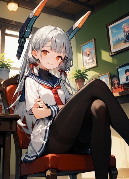 score_9, score_8_up, score_7_up , source_anime , very aesthetic ,BRAKE
<lora:murakumo.pony:1> murakumo, def, flat chest, long hair, sailor dress, orange eyes, grey hair, red necktie, ribbon, hair ribbon, sailor collar, bangs, sidelocks, white dress, tress ribbon, blue sailor collar, necktie, neckerchief,black pantyhose, 
laugh, sitting, inside, hotel room, chair, sitting, crossed legs,
