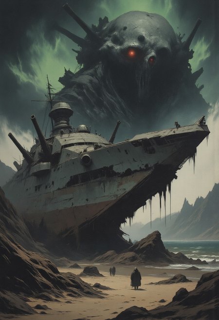 A highly detailed surreal painting depicting a massive ghostly Doomsday battleship, its angular hull battered and battered, stranded on a rocky coastline but its massive guns still posing a threat, a dramatic swirling sky looms overhead casting an ominous light across the entire scene, rough, drybrush-style textures complement the battered, abandoned nature of the ship and its desolate surroundings, jagged mountains can be seen in the distance, dark, gothic, fantastical, symbolic, unsettling, intricate, highly detailed, dark ominous lighting, detailed, complex textures, organic forms intertwined with mechanical elements,This art combines elements of dystopian gothic and surrealism to create a visually striking and unsettling image. metal reflections, color contrast, tenebrism, best quality, masterpiece, high resolution, super detailed, precise, illustration, highly aesthetic, unique, awe-inspiring, intricate, mysterious, glow, light particles, awe-inspiring, intricate, wonderful, glow, light particles, excellent professional composition, ultimate detail level, visualy stunning, mesmerizing and otherworldly visual experience, unprecedented, extraordinary, innovative, experimental, boundary-pushing, beyond reality, visually stunning, absolutely outstanding, poetic sadness, epic scale, film grain, sepia,