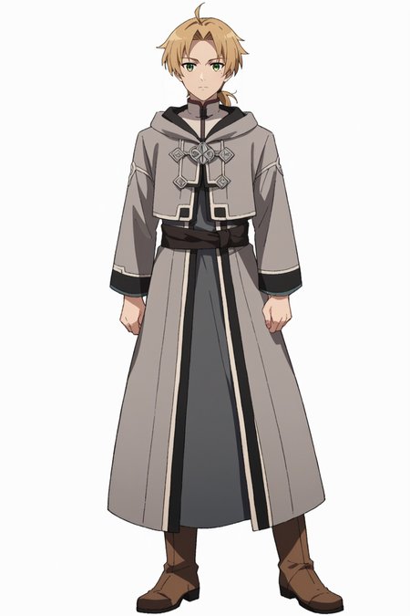 score_9, score_8_up, score_7_up, source_anime, 1boy, prefect lighting, very aesthetic, intricate details, highly detailed background, masterpiece, high quality, prefect hands, best quality, solo,
<lora:Rudeus_Greyrat_Mushoku_Tensei_V1:.95>, KJOrudy, parted bangs, blonde hair, green eyes, small ponytail, low ponytail, ahoge, mole under eye, 
full body, 
 grey robe, hood down, metal chest pin, long sleeves, brown boots,
white background, simple background,