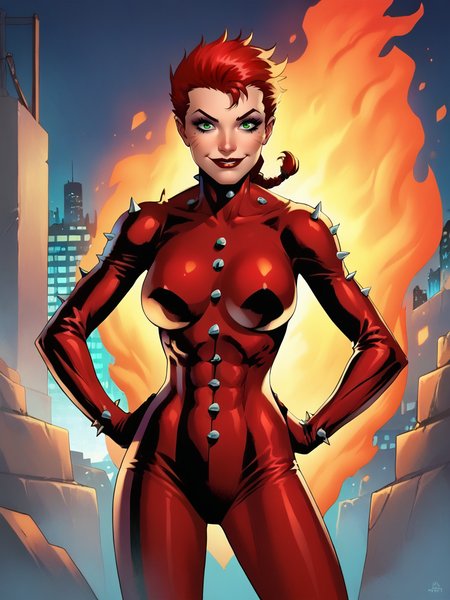 score_9, score_8_up, score_7_up, 1girl, hands on hips, fire around, city, nervous smile, looking at viewer, smile, cowboy shot, (dynamic pose:1.1), dynamic angle, 
 <lora:RachelSummer_character:0.8> RachelSummer, very short hair, spiked hair, green eyes, red hair, latex bodysuit, spikes, makeup, evil smile, single braid,  <lora:jl33XLP:0.7> jl33, science fiction,