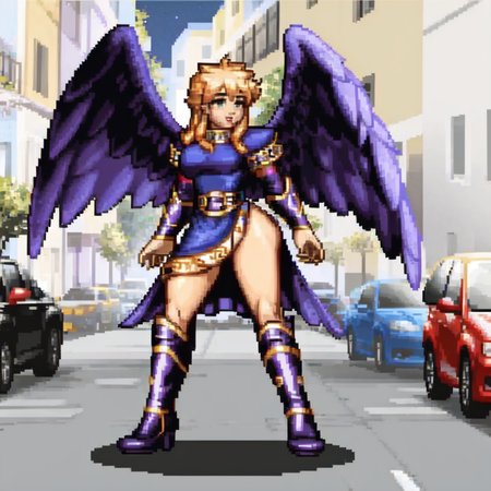 (best quality, perfect quality),standing on a street, 
 <lora:CspPixelArt_Style:1> PixelArt, pixel, 31bits, 
 bofNina, purple feathered wings, blue dress, bridal gauntlets, knee boots,  <lora:nina-nvwls-v1:1>, (best quality, perfect quality),
