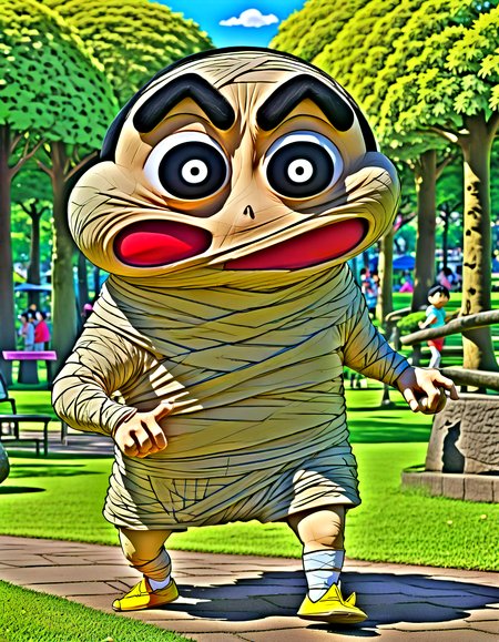 Ankama vivid animation style anime (shin chan:1.1) as eddie, looking like a mummy,at ,walking in a park, hyper detailed, highly intricate,,,. Vibrant colors, expansive storyworlds, stylized characters, flowing motion