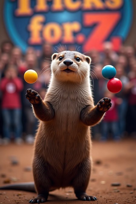 Vibrant, high-contrast photograph of an adorable Otter juggling colorful balls, centered in frame. Sharp focus on the Otter's expressive face and dexterous paws. Blurred background features a large "Tricks for Buzz" banner and excited crowd. Dramatic lighting enhances the Otter's fur texture. Composition emphasizes the spectacle, with rich, saturated colors. Shot with a wide aperture for depth of field effect. 4K resolution, professional-grade wildlife photography style