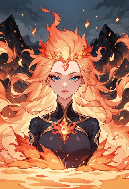 ng_deepnegative_v1_64t, <lora:EpicF1reP0ny:0.8>, score_9, score_8_up, score_7_up, Expressiveh, very detailed, high quality, beautiful fire phoenix, solo, furry feathered clothes, ((human face)), perfect face, volcano background, lidded eyes, perfect eyes, blue eyes, molten lava body, rainbow hair, black glossy body, clothes made of fire, shiny body, wreath of flames erupting from her chest, lava flowing through body, rainbow plumage along body, flowing fire hair, flames erupting from body, pose, hands covered in flames