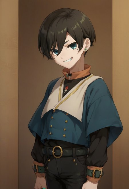 score_9, score_8_up, score_7_up, source_anime, highly detailed, 

jackmouton, 1boy, male focus, solo, jewelry, earrings, blue eyes, black hair, looking at viewer, ring, belt, pants, black pants, hair between eyes, long sleeves, capelet, grin