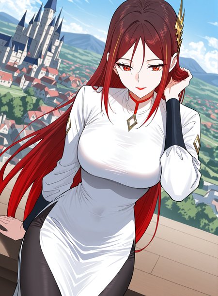 <lora:Jin_Mulan__Ultimate_Son-in-law__Illustrious:1>
1 girl, solo, long hair, red hair, gradient hair, straight hair, hair behind back, side bangs, hair ornament, golden accessory, red eyes, lipstick, 
white dress, high collar, red trim, diamond-shaped brooch, long sleeves, black sleeves, asymmetrical outfit, side slit, black leggings, tight pants, lightning-shaped hair ornament,  diamond pattern on sleeves, bodycon outfit,
score_9, score_8_up, score_7_up, very aesthetic, source_anime, detailed, high quality, beautiful, masterpiece, detailed eyes, castle, village, blurry background, cityscape, pose dynamic angle, light smile, open mouth, hand on hair, sitting