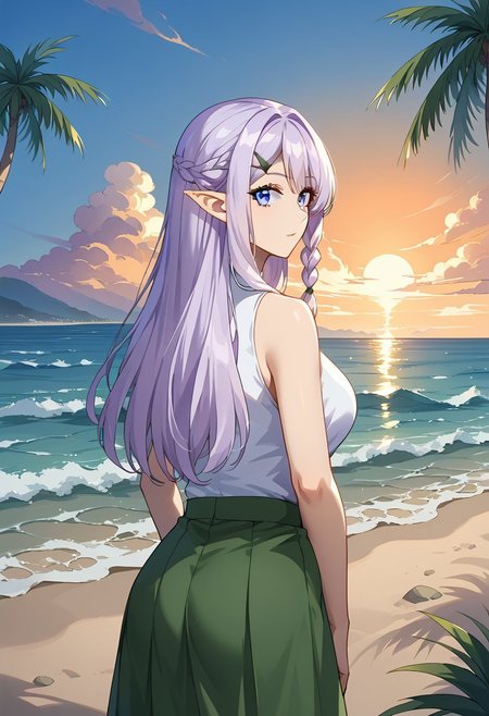 looking at viewer, (watching from behind:1.4), (sideways:1.4), head turned toward the viewer, 1solo, girl, (right palm extended towards the viewer:1.4), RiaINN, light purple hair, long hair, side braid, blue eyes, pointy ears, hairclip, sea, sunset, beach, (left palm along the body:1.3), white dress, green skirt