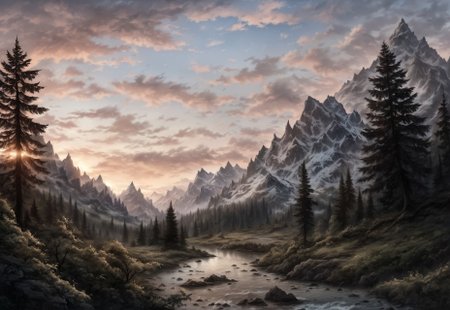 a realistic mountain valley at sunrise, detailed textures, soft natural lighting, atmospheric perspective, realistic clouds and foliage, realistic textures, RAW photo, 8k, uhd, dslr, high quality, realistic photograph, depth of field, skyrim
