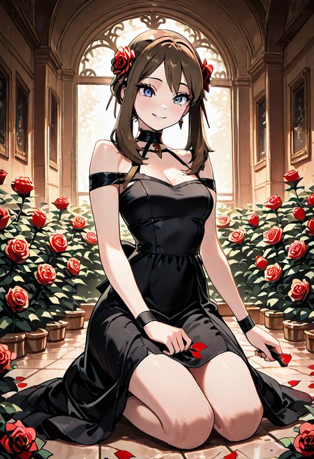 masterpiece, best quality, 1girl, solo, eyelashes, (beautiful eyes), smile, looking at viewer,   zzMayYorCitron, kneeling in a moonlit rose garden, black dress brushing the petals, red rose in hand, soft expression, choker, assassin aura just beneath the surface. Surrounded by beauty and stillness, she contemplates her next moveâthe deadliest things bloom in silence.   <lora:MayYorPokemonCitron_IXL:1.0>,
