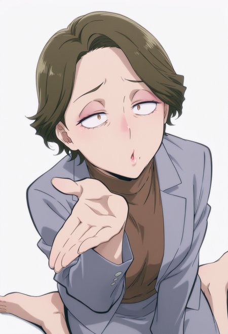 anime screencap, anime coloring,    <lora:DX888Shoko:1>  haimawari shoko, brown eyes, constricted pupils, half-closed eyes,  brown hair, short hair, makeup, eyeshadow, mature female, wrinkled skin,  grey blazer, turtleneck sweater, brown sweater, grey skirt BREAK simple background,  white background, BREAK  1girl, blowing kiss, wariza, from above,
