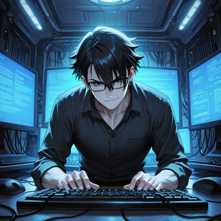 masterpiece, best quality, amazing quality, absurdres, newest, detailed background, definition so sharp, Ultra-HD, 8K cinematic, very awa, impressionate, amazing quality, highres, 
solo, male focus, manly, 
saruhikofushimi, saruhiko_black hair, saruhiko_black eyes, 1boy, short hair, glasses, typing, keyboard, multiple monitors, code, glowing screen, confident smirk, cool colors, cybernetic, skilled, powerful, charming, slightly sexy