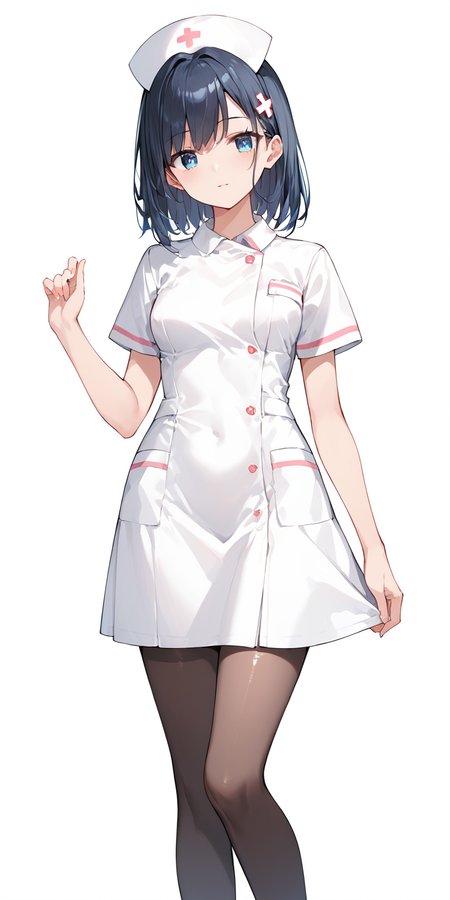 score_9, score_8_up, score_7_up,source_anime, high res image,masterpiece,best quality,girl,cute face,clear skin,shiny hair,ultra detailed eyes,simple background, <lora:nurse_pony_V1.0:0.8> nurse, white dress, nurse cap,pantyhose