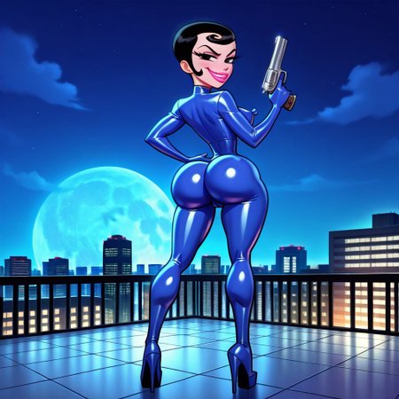 score_9, score_8_up, score_7_up, solo, 1girl, tipeht, xhoneydewx, black hair, short hair, black eyes, lipstick, makeup, blue catsuit, latex catsuit, full body catsuit, gloves, long heels, small nipple bulge, cameltoe, tall, long legs, standing straight, ((from behind)), focus on ass, looking at viewer, upper body turned, wide stance, huge ass, tiny waist, right hand holding handgun, left hand on hip, ((full body shot)), smirk, city, city skylight, city rooftop, night-time, moon, moonlight, outdoor lighting, dynamic lighting, detailed background,