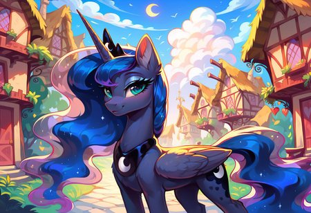 masterpiece, score_9, score_8_up, score_7_up, (best quality:1.1), ultra-detailed, high resolution, 1character, Princess Luna, Alicorn, female, cute, wings, night, dark, lidded eyes, looking at you, fluffy, ear fluff, long eyelashes, outdoors, (((beautiful detailed eyes))), Long eyelashes, Looking At Viewer, Highly Visible, (((8k))), Ponyville, sharp focus, perfect lighting, beautiful eyes, detailed outfit, long eyelashes, anatomically correct, extremely detailed, shine on body, high detail, cute face, Expressiveh, detailed background, OverallDetail, zPDXL2