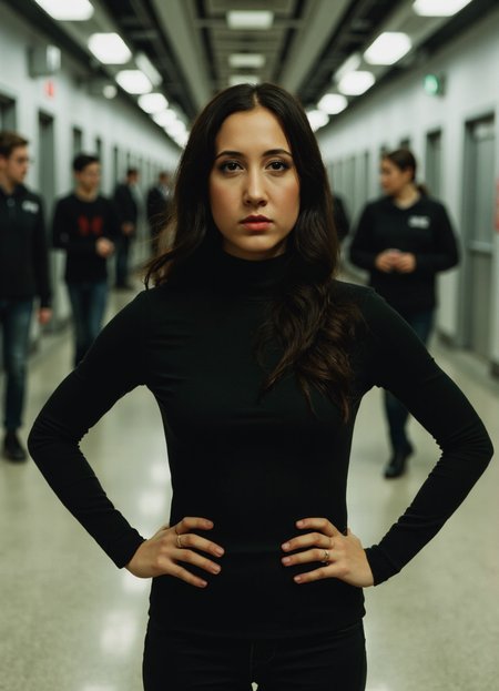 SFW, brightly lit, The image shows a woman standing in a hallway with her hands on her hips. She is wearing a black turtleneck top, black leggings, and black high heels. Her hair is styled in loose waves and she is looking directly at the camera with a serious expression. The background is blurred, but it appears to be an indoor space with other people walking around. The overall mood of the image is sophisticated and edgy., aidmaimageupgrader<lora:flux\custom\celebrity\vanessa-carlton.safetensors:1.05:1.05> <lora:flux\turbo-8-step-flux.safetensors:0.5:0.5> <lora:flux\style\Common\aidmaImageUprader-FLUX-v0.3.safetensors:0.25:0.25>