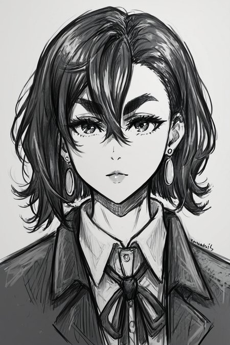 score_9, score_8_up, score_7_up, score_6_up, score_5_up, score_4_up <lora:Momo_Ayase_Dandadan_V1:0.8> KJOmomo, black hair, dark eyes, medium hair, hair between eyes, thick eyebrows, earrings, white collared shirt, oversized pullover, long sleeves, bow, short skirt, untucked shirt,<lora:drawing_style_pony:0.8>, drawing_style, drawing, sketch, 1girl, looking at the viewer, solo, alone, lines drawing, monochrome, greyscale, masterpiece, highres