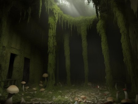 Long exposure photo of underwater world, collapsed buildings, butterflies shilouettes, bubbles, Horror-themed  forgotten stones, overgrown foliage, silent memories, A dark green skein of vines and monstrous mushrooms the height of a man, stalactites and stalagmites, and at the bottom a carpet of damp mold that imprisoned the legs. The light was scarce, and the whole thing gave off a sweet and violent smell. The smell of mushrooms is hallucinogenic . Eerie, unsettling, dark, spooky, suspenseful, grim, highly detailed <lora:RomanInterior-10:0.8> RomInt . Blurred motion, streaks of light, surreal, dreamy, ghosting effect, highly detailed