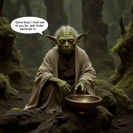 DarkAtmosCE style, Excellent quality photorealistic image of sad and tired looking Yoda from Star Wars sitting on tree trunk, surrounded by alien greenery in Dagobah forest, holding an empty beggar's bowl and looking at viewer. Above him is speech bubble with following words:
“Some buzz I must ask of you for Jedi Order bankrupt is..."