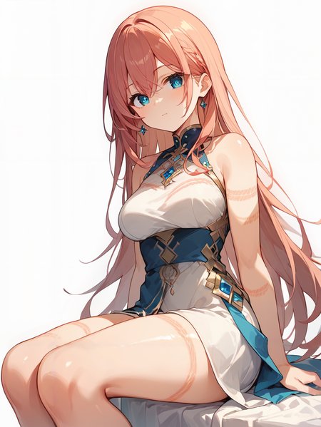 score_9, score_8_up, score_7_up,source_anime, high res image,masterpiece,best quality,(girl:1.0),cute face,clear skin,shiny hair,ultra detailed eyes,simple background,   <lora:rope scars_pony_V2.0:0.8> rope scars,dress,thighs