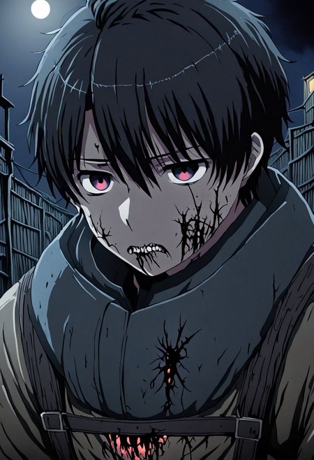 high resolution, solo, best quality, 1Boy, Inaho Kaizuka, Black Hair, night, gloomy eyes, horrorcore, OverallDetail