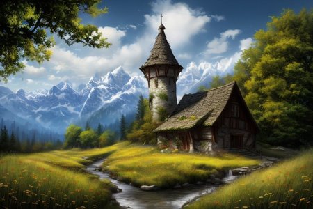 realistic analog photo, award winning photo, 
fantfa, background, mountain, stream, trees, foreground, field, house, farm, witow, a wizard watch tower,
high-quality, crisp, sharp, professional-grade, high-resolution, fine detail, accurate colors, low noise, fast shutter speed, wide dynamic range, precise focus, RAW, highres, 8k, uhd, High Dynamic Range, tonemapping, crisp details,