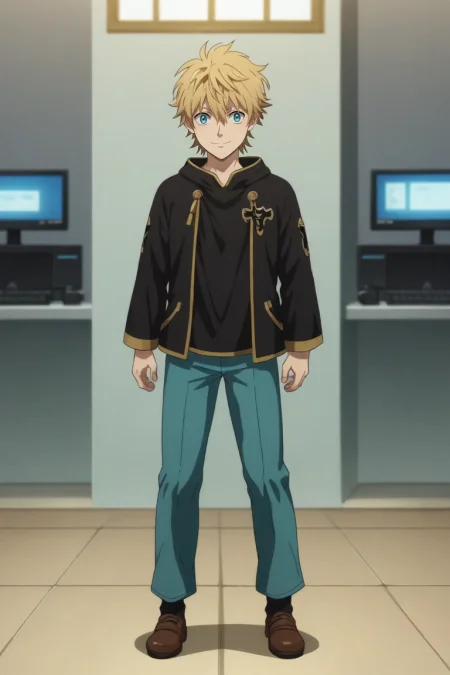 score_9, score_8_up, score_7_up, source_anime, rating_safe, intricate details, anime screencap, , , looking at viewer, depth of field, 1boy, solo, male focus, <lora:luck_voltia_pony:0.82>, luck_voltia, blonde hair, blue eyes, short hair, hair between eyes, from afar, full body, bedroom, computer monitor, day, (dynamic pose:1.2), smile, , <lora:sdxl_lightning_8step_lora:1>