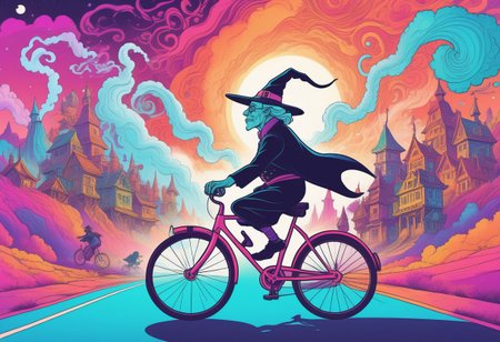 A middle-aged scientist rides a bicycle on the road between the hills. Multicolored smoke in the shape of a witch's head swirls in the sky, and a distorted psychedelic city is visible in the background. all the colors are bright, psychedelic, fluid. (trippy), side_view