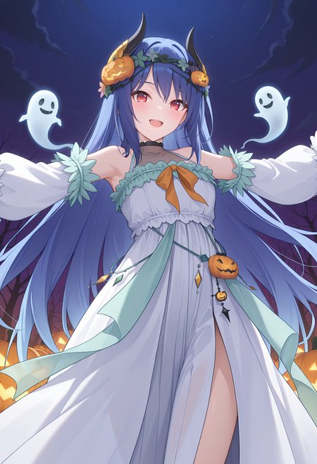 highres, best quality, masterpiece, night, halloween,
1girl, solo, pcrrei, very long hair, blue hair, demon horns, red eyes,
reihalpc, jack-o'-lantern hair ornament, hair flower, white dress, choker, orange bow, see-through turtleneck, long dress, green trim, green frills, sleeveless, detached sleeves, white sleeves, ghost,
looking at viewer, smile, open mouth,
standing, cowboy shot, from below, spread arms,
<lora:_rei_pcr-elesico-ilxlAb:1>