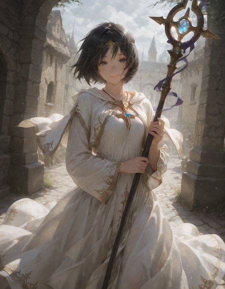 masterpiece, best quality, amazing quality, very aesthetic, absurdres, (multiple angle),
<lora:IL-g-StS_Age_Slider_Illustrious_v1:-1.5>  <lora:An251:0.8> An25+1, <lora:ATNR_V1.1_Lokr_f4_warmup_stable_decay:0.3>  atnr,  
<lora:Brushwork1llust:0.25> Brushwork, LayeredTextures, Loose and expressive brushstrokes, Bold and rough brushstrokes, (realistic:0.3),, (fantasy world:1.4), (wind:1.2), 
(1 girl, solo:1.3),, priestess, dark  gray eyes, (tareme:0.5), black short hair, huge hip, circlet, white priestess robe, holy pendant, (shy:0.7), (smile quietly:0.7), looking viewer, holding staff,