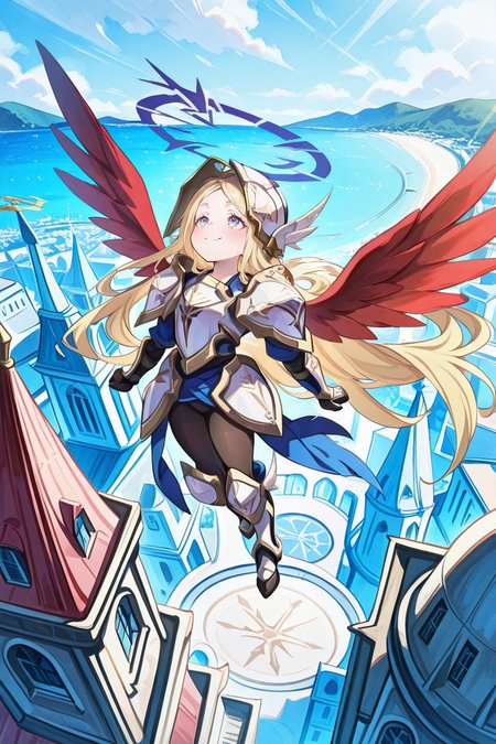 masterpiece, best quality, amazing quality, very aesthetic, absurd, newest, detailed eyes, <lora:illustrious_quality_modifiers_masterpieces_v1:0.8> , solo, <lora:ChamIllustriousBackgroundEnhancer:0.5>, detailed background,       <lora:Kitn_marietta_illust:0.9> , Kitn_marietta_illust, blonde hair, wings, halo, armor, full body, flying, exterior, smile,