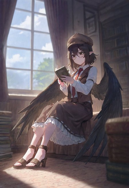 void 0, sushispin, modare , gyoukan \(jfxc\), touhou, shameimaru aya, shameimaru aya \(newsboy\), 1girl, bird wings, book, brown eyes, brown footwear, brown hair, brown hat, brown skirt, brown vest, brown wings, cabbie hat, closed mouth, curtains, feathered wings, flat cap, frilled skirt, frilled vest, frills, full body, glasses, hat, high heels, holding, holding book, indoors, long sleeves, pointy ears, reading, round eyewear, sandals, shirt, skirt, solo, stiletto heels, toes, vest, white shirt, window, wings