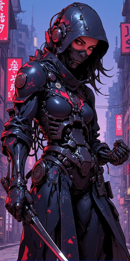 amazing cyberpunk anime artwork, thin lines, sharp,  cyborg girl as ninja assassin wearing black and red robotic body suit lurking in the shadows of cyberpunk city under neon lights<lora:BLUE_mk4_angel_FLUX_03:1.3> <lora:CPA:1>  <lora:FLUXEvolyzedV1:1>