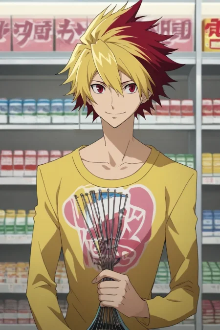 score_9, score_8_up, score_7_up, source_anime, rating_safe, intricate details, (photorealistic:0.6), , depth of field, 1boy, solo, male focus, <lora:takuto_tsunashi_pony:0.94>, takuto_tsunashi, red hair, red eyes, spiked hair, bangs, multicolored hair, two-tone hair, dyed bangs, blonde hair, cowboy shot, store, convenience store, dawn, holding instrument, naughty smile, jumper,, <lora:sdxl_lightning_8step_lora:1>