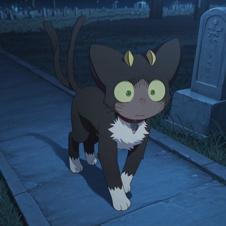 2d, 1boy, solo, Kuro, male, feral, feline, cat, animal ears, cat ears, black fur, small yellow horns, pale green sclera, green eyes, pink nose, white fur, whiskers, white chest fur, two tails, white paws, red collar
BREAK outside, cemetery, looking around, sad, night, walking
BREAK best quality, amazing quality, very aesthetic, absurdres, newest, masterpiece